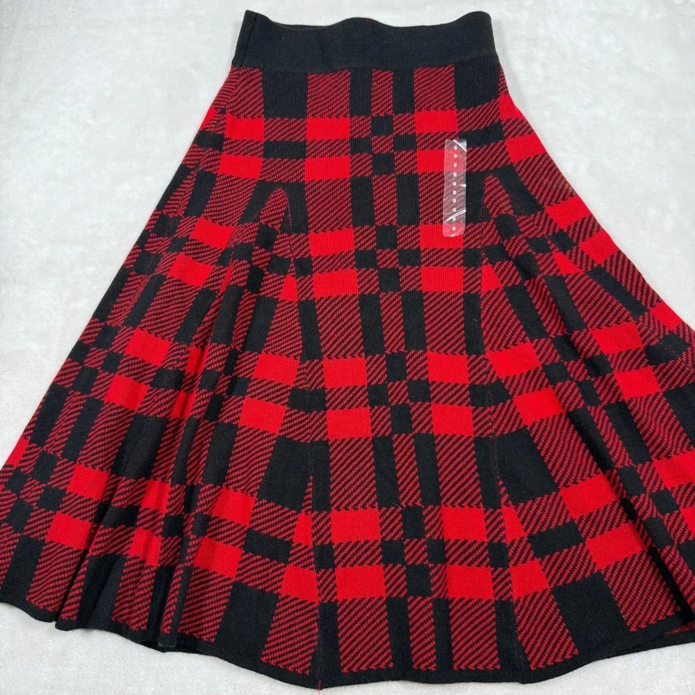 Polo Ralph Lauren Womens Plaid Knit 100% Wool Midi Skirt Red Black Size Small - Picture 1 of 5